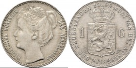 1 Gulden 1909 Hoofd naar links. Mt. mercuriusstaf. TYPE II d (1909). ‘Kroningstype’ door P. Pander. Mmt. hellebaard met ster.Sch. 811., Silver9.98 g. ...