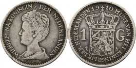 1 Gulden 1910 Hoofd naar links. Mt. mercuriusstaf. TYPE III (1910–1917). ‘Hermelijnen mantel’ door J. C. Wienecke. Mmt. zeepaard.Sch. 812., Silver9.87...