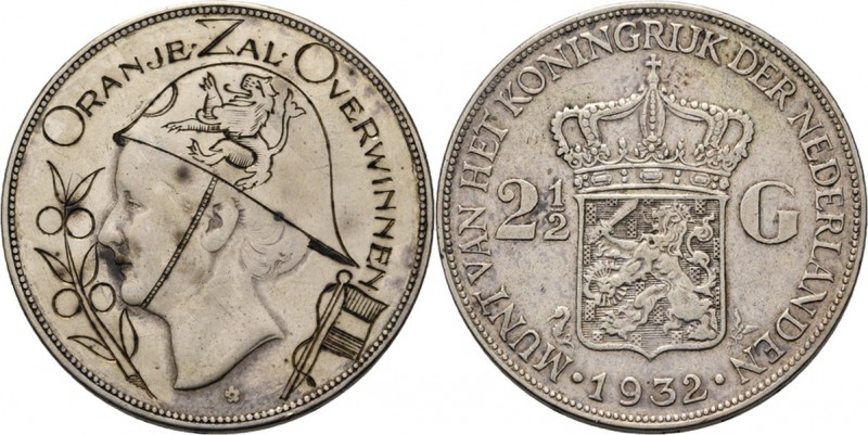 2½ Gulden of rijksdaalder 1932, BEWERKTE MUNTEN TWEEDE WERELDOORLOG / STIL VERZE...