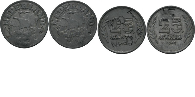 25 Cent (2) 1942, BEWERKTE MUNTEN TWEEDE WERELDOORLOG / STIL VERZET Gestileerd z...