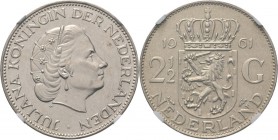 2½ Gulden of rijksdaalder 1961 Hoofd naar rechts. Type 1 a (1959–1966). Mmt. vis.Sch. 1097., Silver RRR. Met gepolijste stempels geslagen. NGC PF61 Vr...
