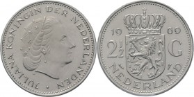 2½ Gulden of rijksdaalder 1969 Hoofd naar rechts. Mt. mercuriusstaf. TYPE I a (1969). Mmt. vis.Sch. 1112., Silver RR. Met gepolijste stempels geslagen...