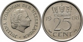 25 Cent 1966 Hoofd naar rechts. Mt. mercuriusstaf. TYPE I a (1950–1969). Mmt. vis.Sch. 1148., Nikkel munten RR. Met gepolijste stempels geslagen Vrijw...