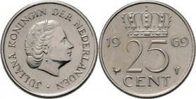 25 Cent 1969 Hoofd naar rechts. Mt. mercuriusstaf. TYPE I b (1969–1979). Mmt. haan.Sch. 1152, Nikkel munten RR. Met gepolijste stempels geslagen Vrijw...