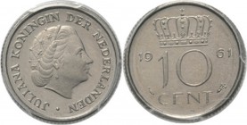 10 Cent 1961 Hoofd naar rechts. Kz. gekroonde waardeaanduiding tussen jaartal. Mt. mercuriusstaf. TYPE I a (1950–1969). Mmt. vis.Sch. 1174, Nikkel mun...