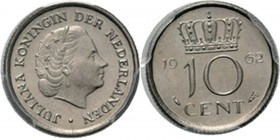 10 Cent 1962 Hoofd naar rechts. Kz. gekroonde waardeaanduiding tussen jaartal. Mt. mercuriusstaf. TYPE I a (1950–1969). Mmt. vis.Sch. 1175, Nikkel mun...