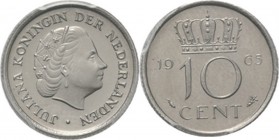 10 Cent 1965 Hoofd naar rechts. Kz. gekroonde waardeaanduiding tussen jaartal. Mt. mercuriusstaf. TYPE I a (1950–1969). Mmt. vis.Sch. 1178, Nikkel mun...