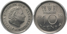 10 Cent 1966 Hoofd naar rechts. Kz. gekroonde waardeaanduiding tussen jaartal. Mt. mercuriusstaf. TYPE I a (1950–1969). Mmt. vis.Sch. 1179., Nikkel mu...