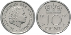 10 Cent 1969 Hoofd naar rechts. Kz. gekroonde waardeaanduiding tussen jaartal. Mt. mercuriusstaf. TYPE I b (1969–1980). Mmt. haan.Sch. 1183, Nikkel mu...
