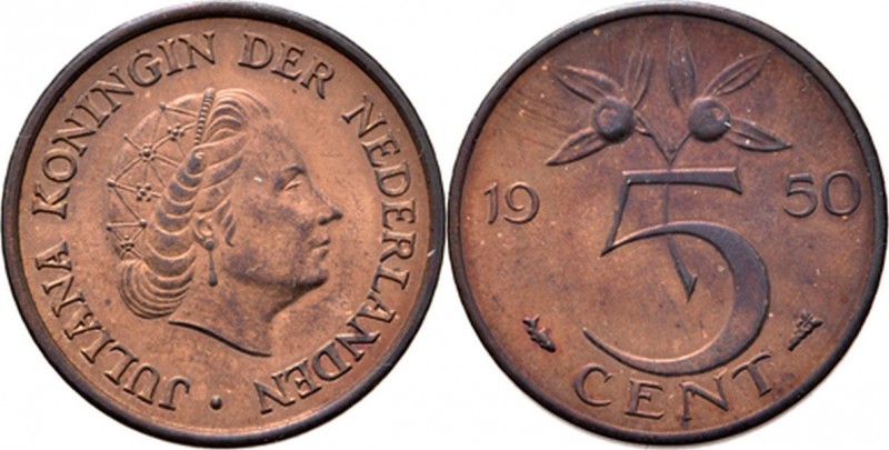 5 Cent 1950 Hoofd naar rechts. Kz. waardeaanduiding tussen jaartal onder bloeien...