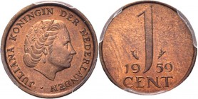 1 Cent 1959 Hoofd naar rechts. Kz. waardeaanduiding tussen jaartal. Mt. mercuriusstaf. TYPE I a (1950–1969). Mmt. vis.Sch. 1244, Copper RR. Met gepoli...