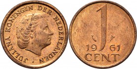 1 Cent 1961 Hoofd naar rechts. Kz. waardeaanduiding tussen jaartal. Mt. mercuriusstaf. TYPE I a (1950–1969). Mmt. vis.Sch. 1246, Copper RR. Met gepoli...