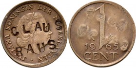 1 Cent 1965 Hoofd naar rechts. Kz. waardeaanduiding tussen jaartal. Mt. mercuriusstaf. TYPE I a (1950–1969). Mmt. vis.Sch. 1250., Copper Met instempel...