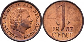 1 Cent 1967 Hoofd naar rechts. Kz. waardeaanduiding tussen jaartal. Mt. mercuriusstaf. TYPE I a (1950–1969). Mmt. vis.Sch. 1252, Copper RR. Met gepoli...