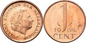 1 Cent 1968 Hoofd naar rechts. Kz. waardeaanduiding tussen jaartal. Mt. mercuriusstaf. TYPE I a (1950–1969). Mmt. vis.Sch. 1253, Copper RR. Met gepoli...