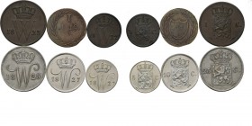 Lot Willem I (6) Bestaande uit: Bleyenstijnse Duit, 1/2 Cent 1822U, Cent 1823U, 5 Cent 1827U, 10 Cent 1827U, en 25 Cent 1825U. Diverse kwaliteiten
