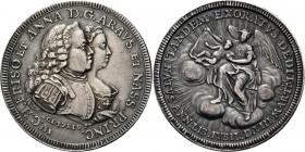 HISTORIEPENNIGEN - HISTORICAL MEDALS - GEBOORTE EN DOOP VAN PRINS WILLEM V (1748), by door M. Holtzhey. Borstbeelden van Willem IV en Anna naar rechts...