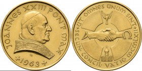 HISTORIEPENNIGEN - HISTORICAL MEDALS - PAUS JOHANNES XXIII 1963, by door G. Brinkgreve. Portret van Zijne Heiligheid naar rechts. Kz. twee ineengeslag...
