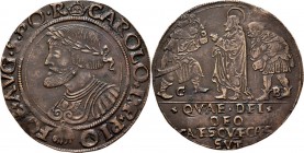 JETONS - REKENPENNINGEN - OPSTAND VAN DE GENTENAREN BEDWONGEN. (1540) Gelauwerd en geharnast borstbeeld van Karel V naar links. Kz. prekende Jesus tus...