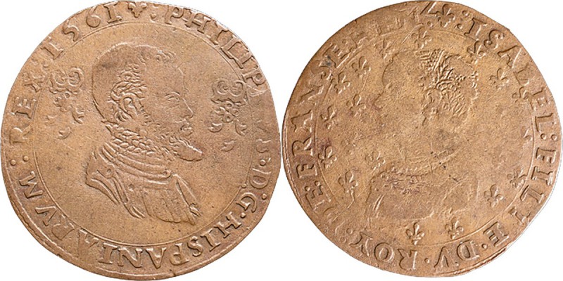 JETONS - REKENPENNINGEN - PHILIPS II EN ISABELLA. 1561 Geharnast borstbeeld van ...