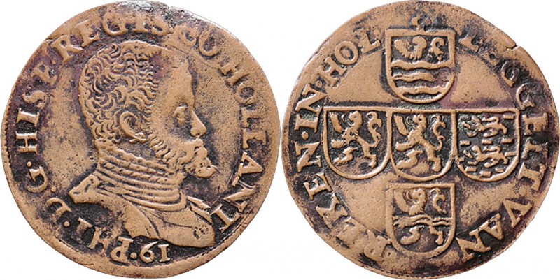 JETONS - REKENPENNINGEN - REKENKAMER VAN HOLLAND. 1561 Borstbeeld van Philips II...