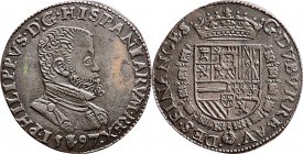 JETONS - REKENPENNINGEN - ANTWERPEN. VERLANGEN NAAR VREDE. 1597 Borstbeeld Philips II naar rechts. Kz. gekroond wapen omhangen met het Gulden Vlies.Du...