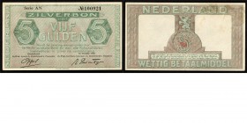 Netherlands - 5 Gulden type 1944 Zilverbon. ht: Oppel - Rost v. Tonningen. 16 okt. 1944. sn: 2 letters en No= met 6 cijfers.Mev. 22-1b; P63.; AV. 17.1...