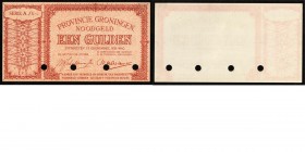 Netherlands - 1 Gulden mei 1940 , NOODBILJETTEN, 2e WERELDOORLOG, PROVINCIE GRONINGEN Bruin. Eenzijdig. sn: 1 letter.T/J 48.01; PL475.1. Vier ponsgate...