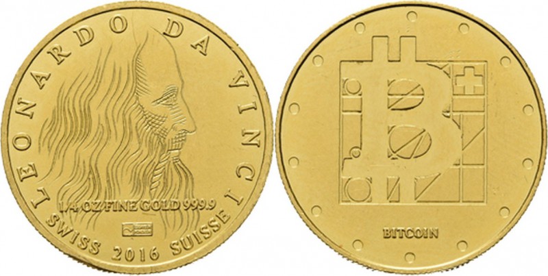 1/4 OZ. Bitcoin. 2016. Bust of Leonardo da Vinci facing right. Rev. logo of Bitc...