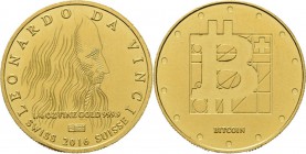 1/4 OZ. Bitcoin. 2016. Bust of Leonardo da Vinci facing right. Rev. logo of Bitcoin. 1/4 ounce fine gold 999.9. Very fine