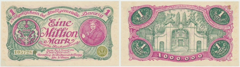 Gdańsk, 1 mln Marek 1923 numeracja 5-cyfrowa Bardzo atrakcyjny wizualnie egzempl...