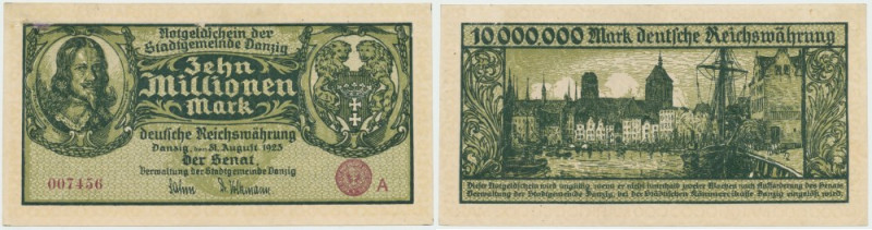 Gdańsk, 10 mln Marek 1923 Banknot wizualnie w bardzo dobrym stanie zachowania. C...