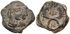 NABATAEA. Aretas IV, with Shaqilat, 9 BC-AD 40. (Bronze, 19.5 mm, 4.20 g, 1 h), Petra. Jugate busts of Aretas, laureate and draped and Shuqailat, veil...