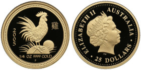 Australia 25 Dollars 2005 - Year of the Rooster
7.81g. 999‰. PROOF. With box and certificate. Friedberg L72; KM 795.