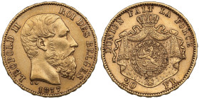 Belgium 20 Francs 1877 - Leopold II (1865-1909)
6.39g. 900‰. XF-/XF. Friedberg 412; KM 37.