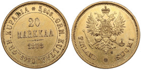 Finland (Russia) 20 Markkaa 1878 S - Alexander II (1855-1881)
6.45g. 900‰. XF-/XF+. Some mint luster. KM 9.1; Friedberg 1; Bitkin 611 R. Rare.