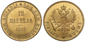 Finland (Russia) 10 Markkaa 1882 S - Alexander III (1881-1894)
3.22g. 900‰. UNC/UNC. Splendid luminous specimen. Bitkin 229; Friedberg 5; KM 8.2.