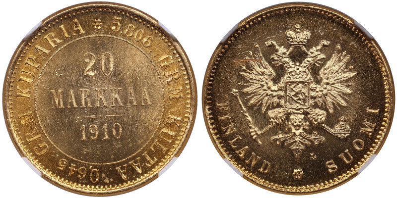 Finland (Russia) 20 Markkaa 1910 L - Nicholas II (1894-1917) - NGC MS 64
~6.45g....