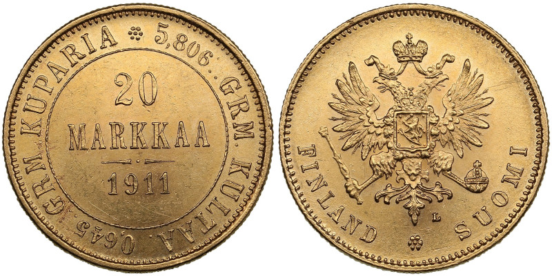 Finland (Russia) 20 Markkaa 1911 L - Nicholas II (1894-1917)
6.46g. 900‰. AU/AU....