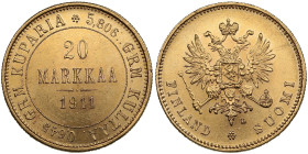 Finland (Russia) 20 Markkaa 1911 L - Nicholas II (1894-1917)
6.46g. 900‰. AU/AU. Charming brilliant exemplar with orange toning. KM 9.2; Friedberg 3; ...