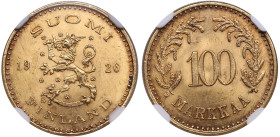 Finland 100 Markkaa 1926 S - NGC MS 64
~4.21g. 900‰. Splendid lustrous exemplar. Mintage: 50 000 pcs. Fb. 8; Schl. 19; KM 28.