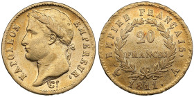 France 20 Francs 1811 A - Napoleon I (1804-1814)
6.40g. 900‰. VF/VF. Friedberg 511; Gad.1025; KM 695.1.