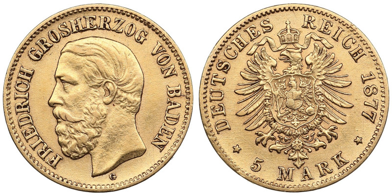 Germany (Baden) 5 Mark 1877 G - Frederick I (1856-1907)
1.98g. 900‰. XF/AU. Mint...