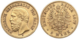 Germany (Baden) 5 Mark 1877 G - Frederick I (1856-1907)
1.98g. 900‰. XF/AU. Mint luster. Jaeger 185; Friedberg 3759.