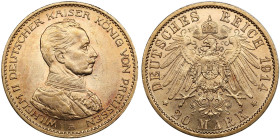 Germany (Prussia) 20 Mark 1914 A - Wilhelm II (1888-1918)
7.95g. 900‰. XF+/UNC. Mint luster. Jaeger 253; Friedberg 3833; KM 537.
