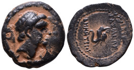 SELEUKID KINGS of SYRIA. Demetrios I Soter, 162-150 BC ? Laureate head of Apollo ? right. / Elephant head left between ΔHMHTPIOY BAΣIΛEΩΣ. AE 18mm, 4,...