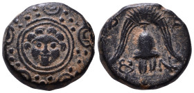 KINGS OF MACEDON. Philip III Arrhidaios 323-317 BC. AE 1/2 Unit. Salamis. Obv: Macedonian shield, with facing gorgoneion on boss. Rev: B - A. Helmet; ...