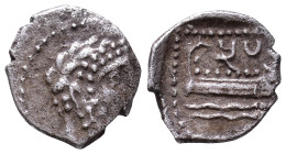 Phoenicia. Arados circa 380-350 BC. Obol AR Laureate head of Ba'al–Arwad right / Galley right over waves. 9mm, 0,55g