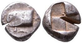 Paphlagonia, Sinope AR Drachm. Circa 490-425 BC. Head of eagle left with indentation of leg below; dolphin below / Four-part incuse square, diagonal q...