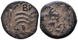JUDAEA. Procurators. Antonius Felix, 52-59. Overstrike AE Prutah 1,78g *Repatinated*